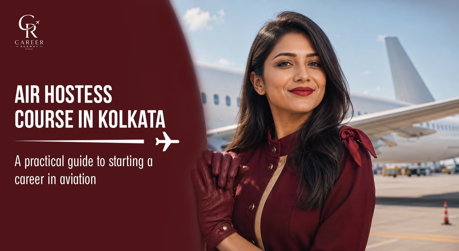 Air hostess in uniform standing beside an airplane at an airport for a Kolkata aviation course
